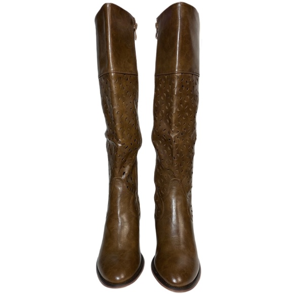 NIB Wanted Brown Heeled Knee Boot Side Zip Laser Cut-out Laced Back Faux Leather - Picture 3 of 10